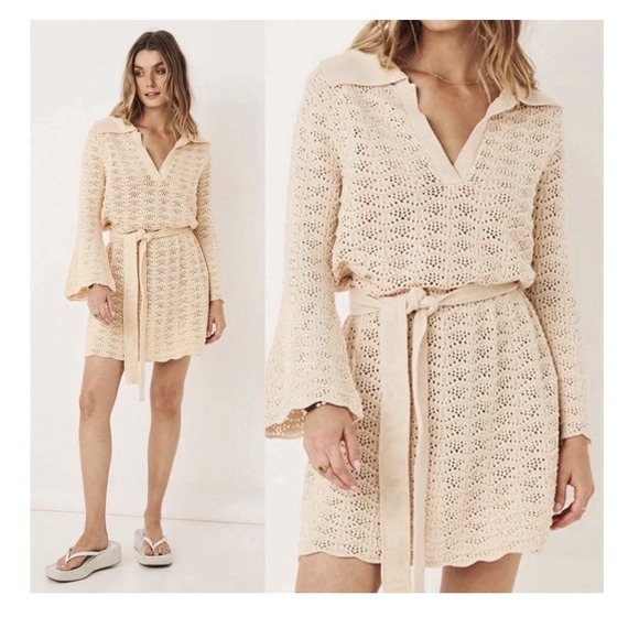 Spell & the Gypsy Collective Dresses & Skirts - SPELL Road To Paradise Crochet Knit Mini Dress (Sz XS) Long Sleeve Belted Wheat